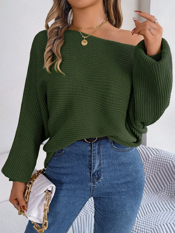 New casual loose solid color bat sleeve pullover sweater