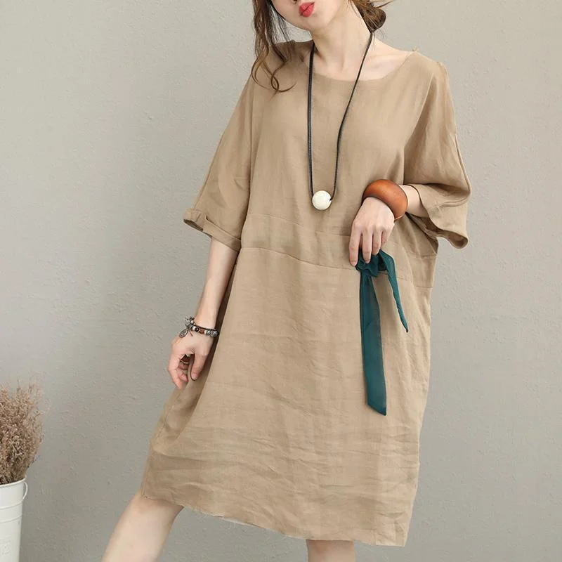 boutique khaki pure linen dress Loose fitting linen clothing dresses Elegant waist drawstring bracelet sleeved midi dress