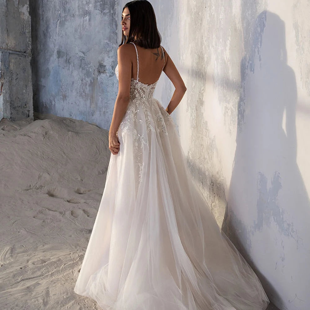 Wedding Dress A-Line Sleeveless Side Slit Lace Appliques Backless