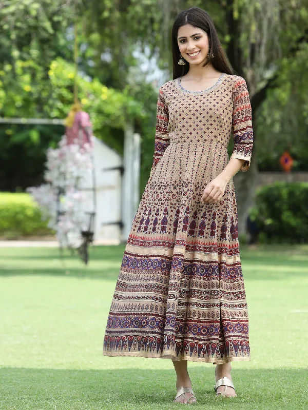 Juniper Women Brown Multi Georgette Festive Printed Flared Anarkali Kurta