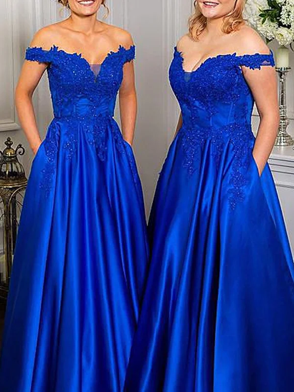 Off Shoulder Beaded Royal Blue Lace Long Prom Dresses, Royal Blue Lace Formal Graduation Evening Dresses SP2232