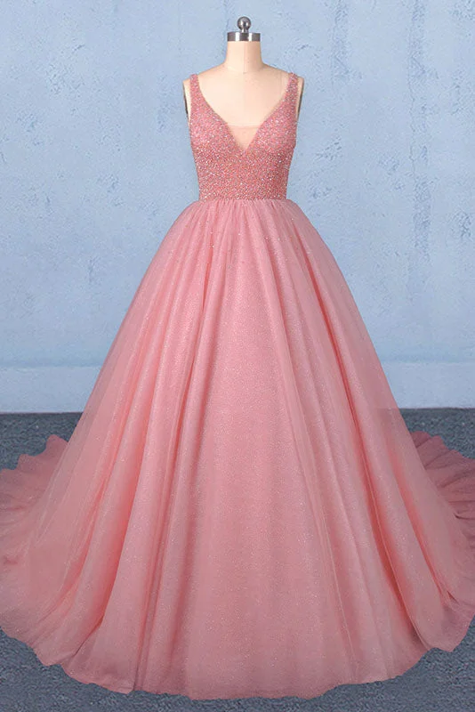 Ball Gown V-Neck Tulle Prom Dress with Beads Puffy Sleeveless Quinceanera Dress N2333