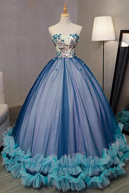 Blue Ball Gown V-Neck Sleeveless Appliqued Tulle Prom Dresses Hot Quinceanera Dresses N2538