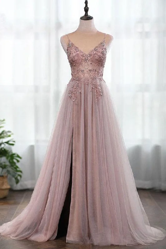 Dusty Pink Spaghetti Straps Gorgeous Beading Tulle Split Prom Dresses