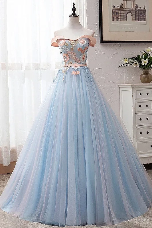 Light Blue Off The Shoulder Tulle Puffy Prom Dresses with Appliques