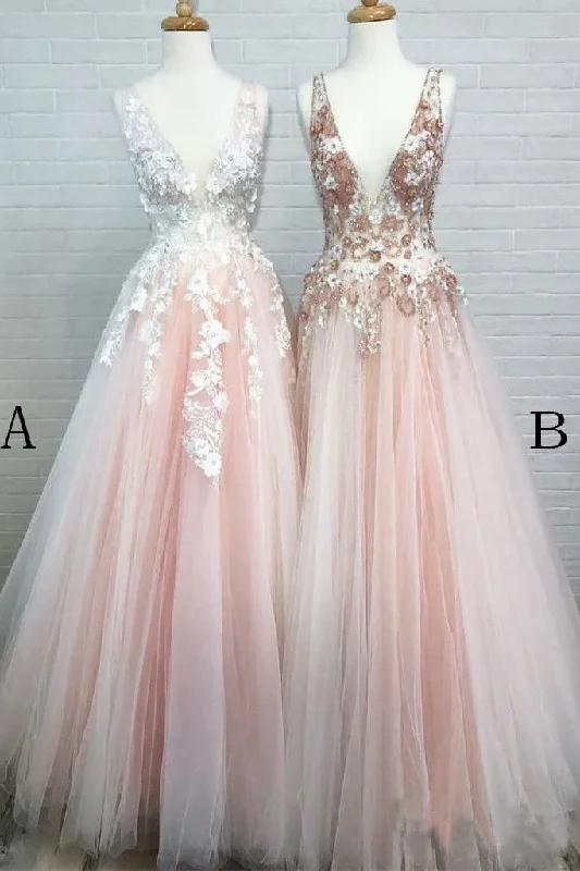 Light Pink V-Neck Sleeveless Tulle Prom Dresses with Flowers and Beads N2389