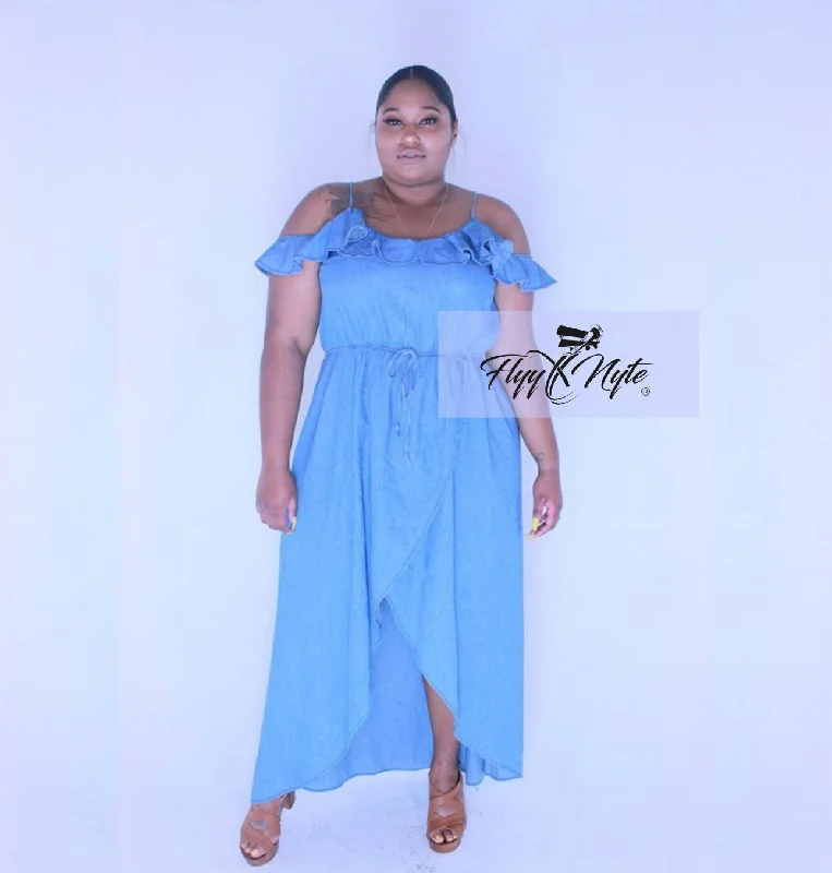 Final Sale Plus Size Cold Shoulder Denim Dress in Blue