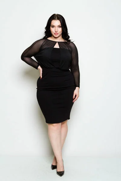 Final Sale Plus Size Sheer Sleeve Dress in Black